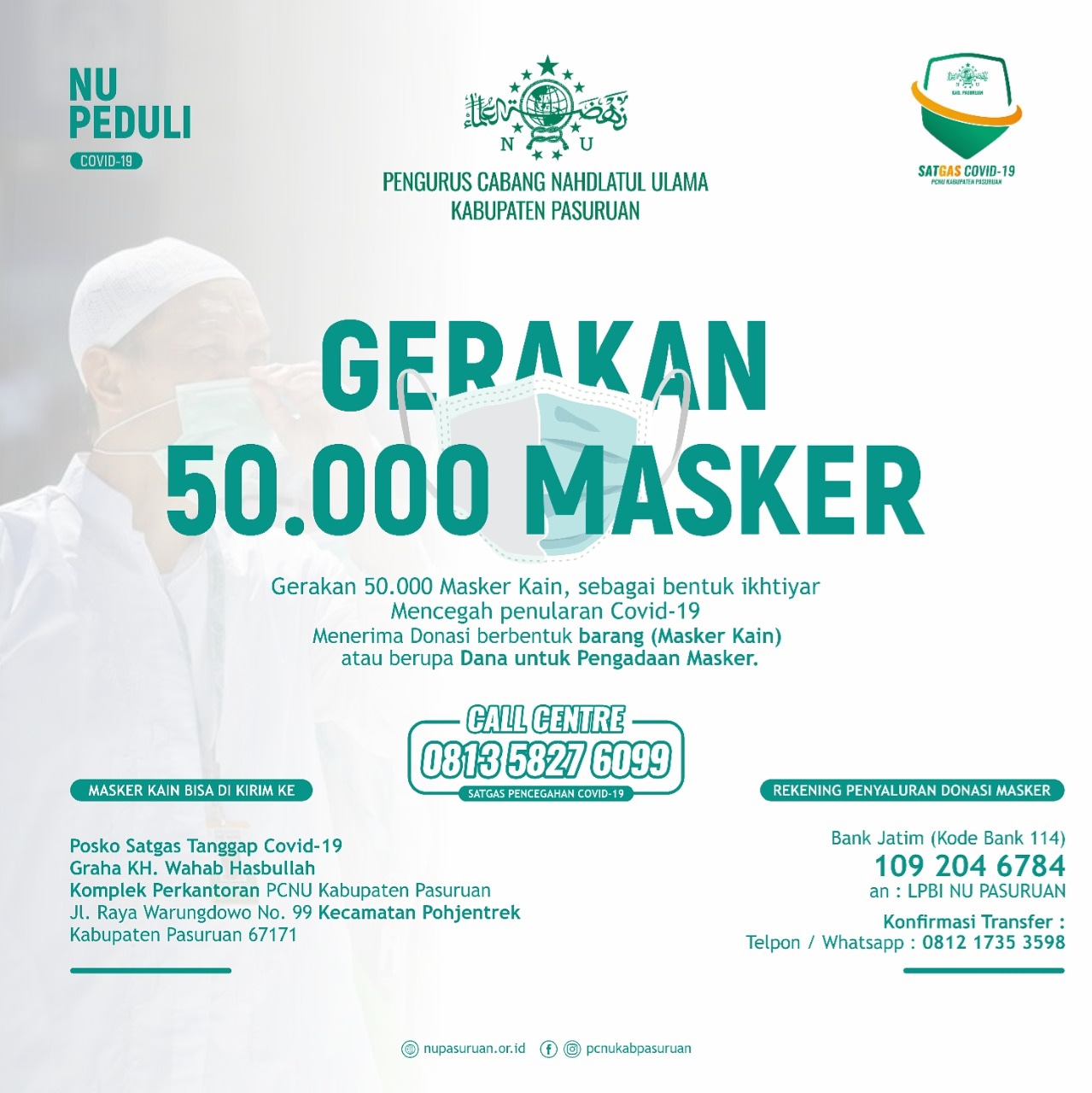 Cegah Covid-19, PCNU Kab. Pasuruan Menginisiasi Gerakan 50.000 Masker Kain Gratis
