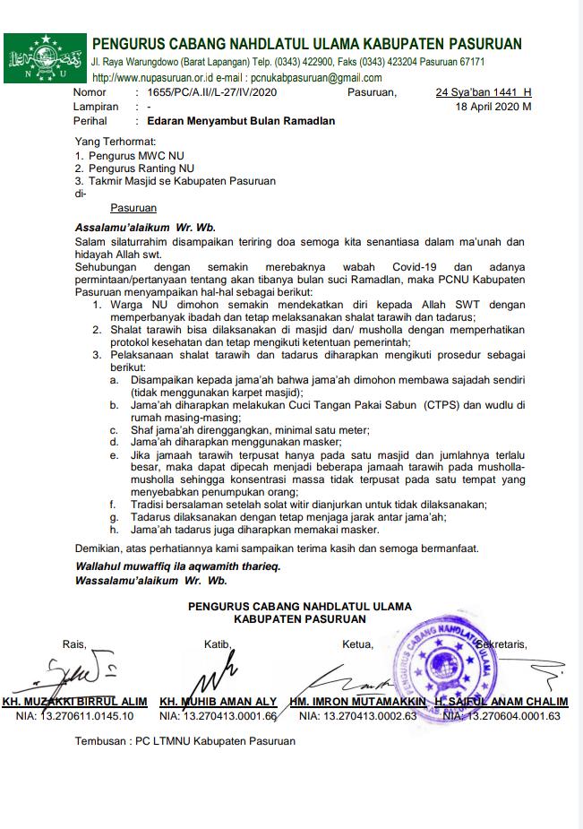 PCNU Kab. Pasuruan: Pelaksanaan Tarawih & Taradus Mengikuti Protokol Kesehatan