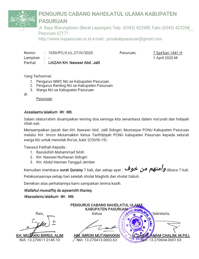 Cegah Covid-19, PCNU Kab. Pasuruan Keluarkan Ijazah dari KH. Nawawi Abd. Jalil Sidogiri