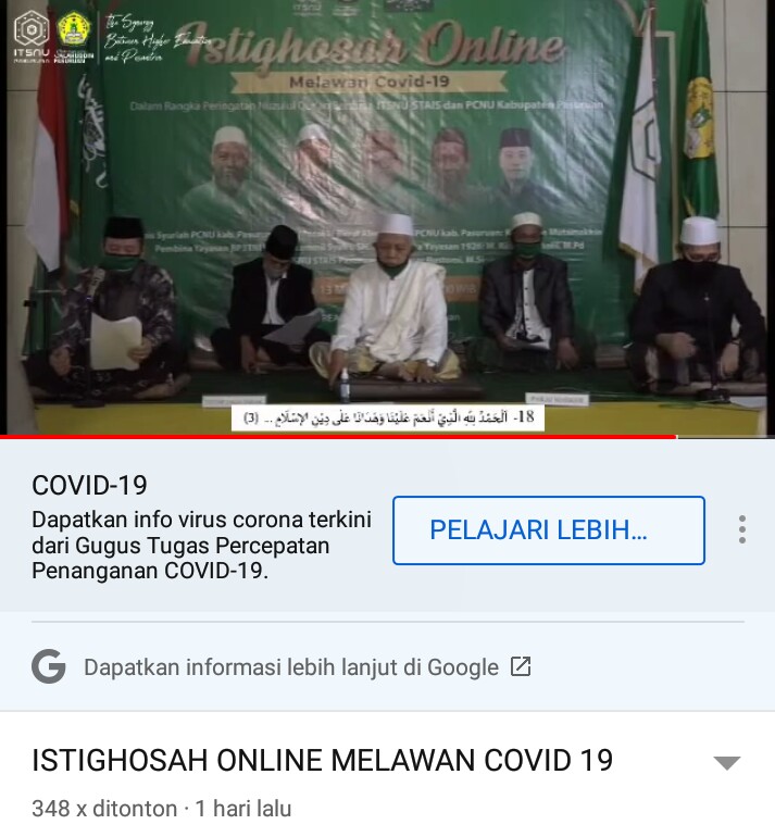 Memperingati Nuzulul Qur’an di Tengah Pandemi, ITSNU-STAIS bersama PCNU Kab. Pasuruan Gelar Istighosah Online