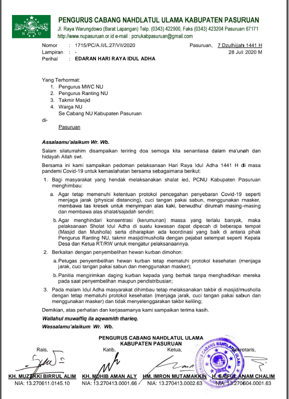 Begini Panduan Idul Adha di Masa COVID-19 PCNU Kab. Pasuruan