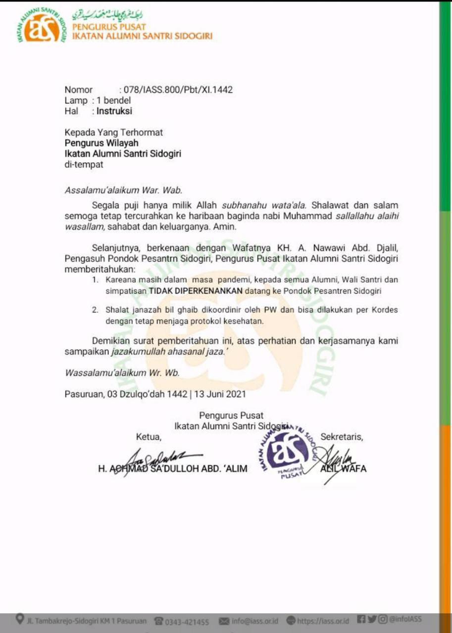 Untuk alumni dan wali santri, Sholat Jenazah KH A Nawawi Abdul Djalil Sidogiri Bisa Diikuti Secara Bil Ghaib