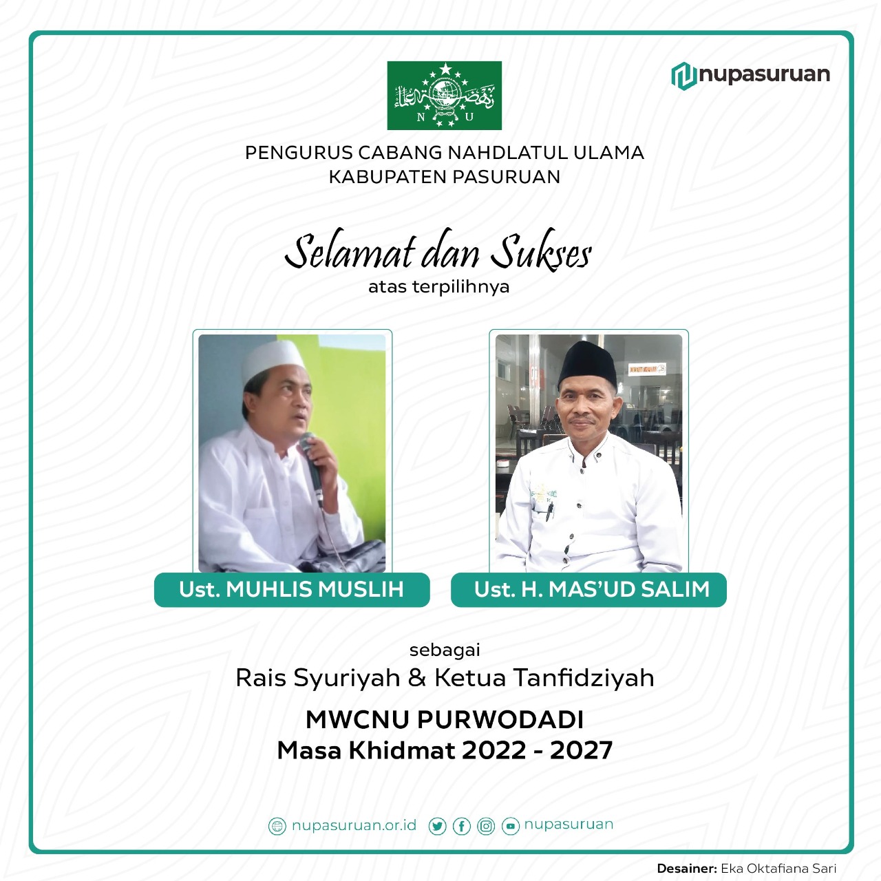 Ustadz Muhlis Muslih & Ustadz H Mas’ud Salim Terpilih Pimpin MWCNU Purwodadi 2022-2027