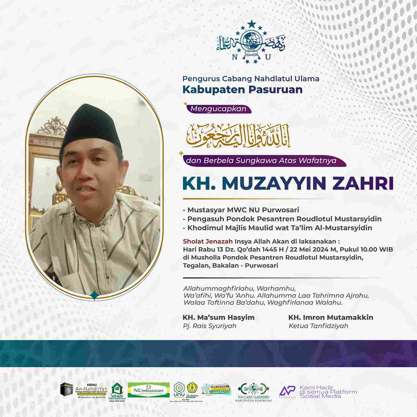 Innalillahi, KH Muzayyin Zahri Mustasyar MWCNU Purwosari Wafat