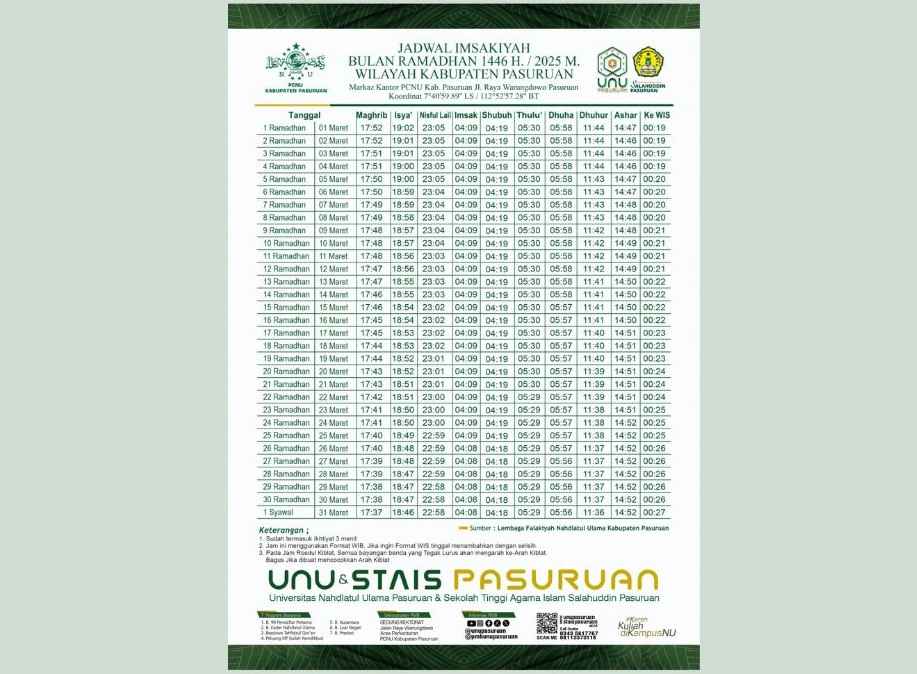 Jadwal Imsakiyah Bulan Ramadhan 1446 H/2025 M Wilayah Kabupaten Pasuruan