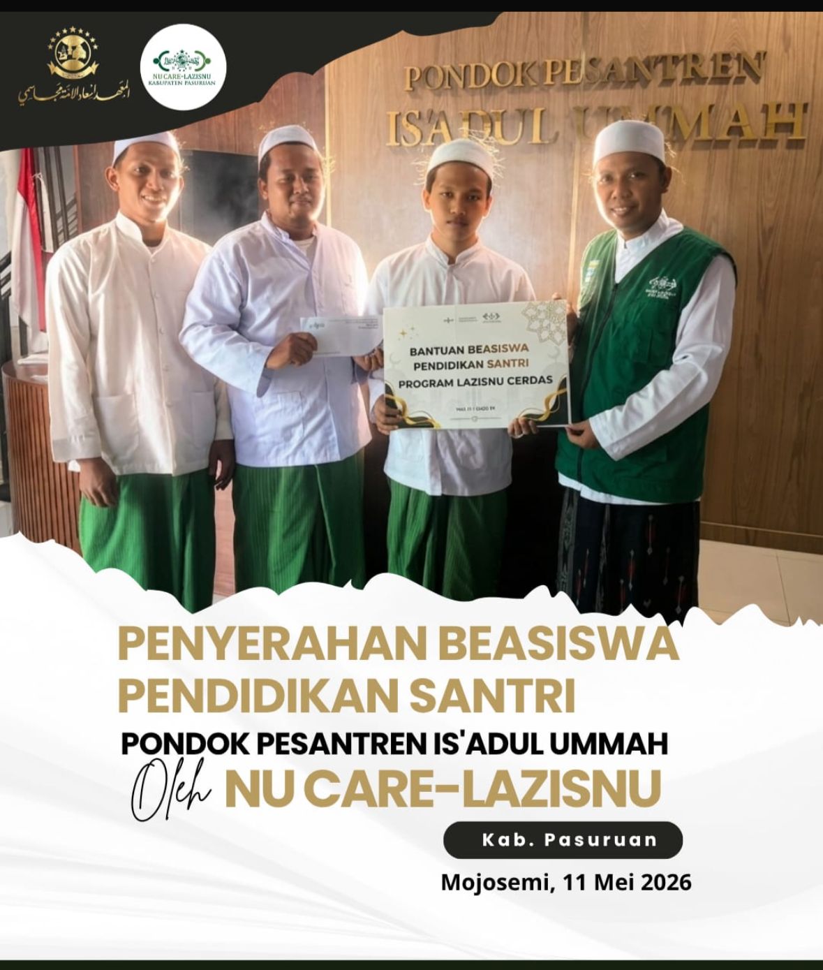 LAZISNU  Pasuruan Salurkan Beasiswa untuk Siswa Kurang Mampu